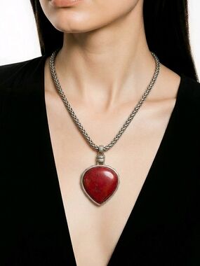 Lucky Brand Vintage Dangle Red Stone Pendant Braided Chain Necklace Silver Tone